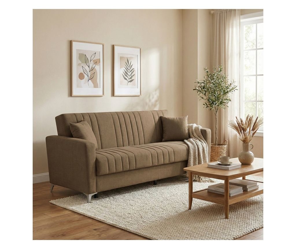 Canapea extensibilă Ekol, 3 locuri, material textil maro, cu ladă depozitare şi arcuri, 225*82*92 - 4