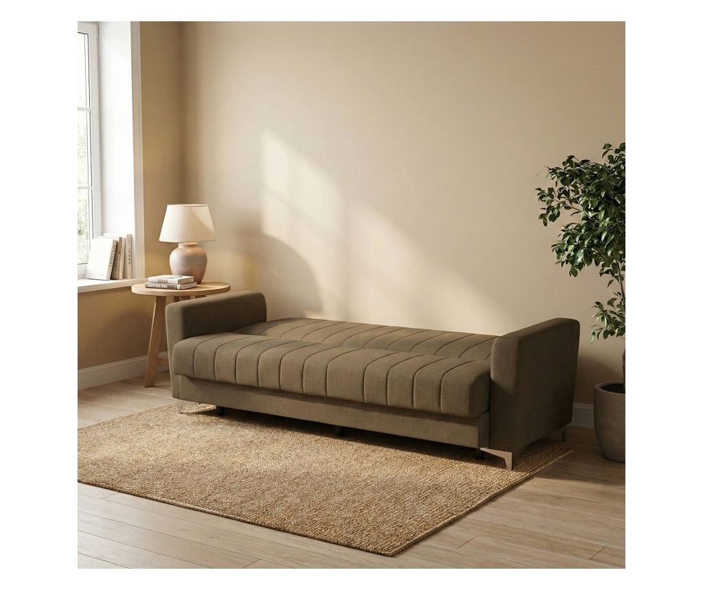 Canapea extensibilă Ekol, 3 locuri, material textil maro, cu ladă depozitare şi arcuri, 225*82*92 - 5