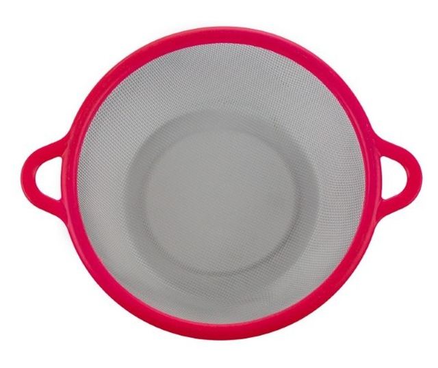 Kerek szűrőedény finom hálóval és két füllel, ideális ételek mosásához és lecsepegtetéséhez, rózsaszín