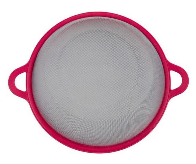 Kerek szűrőedény finom hálóval és két füllel, ideális ételek mosásához és lecsepegtetéséhez, rózsaszín