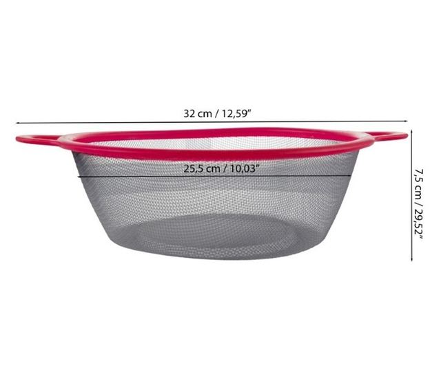 Kerek szűrőedény finom hálóval és két füllel, ideális ételek mosásához és lecsepegtetéséhez, rózsaszín
