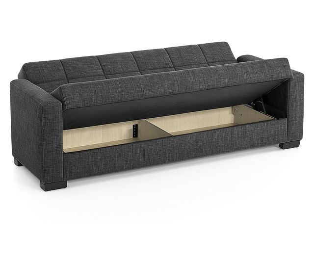 Canapea extensibilă Marbella, 3 locuri, material textil bej cu dungi gri, cu ladă depozitare şi arcuri, 210*78*78