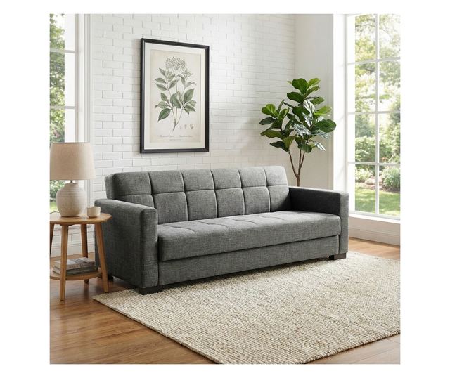 Canapea extensibilă Marbella, 3 locuri, material textil bej cu dungi gri, cu ladă depozitare şi arcuri, 210*78*78