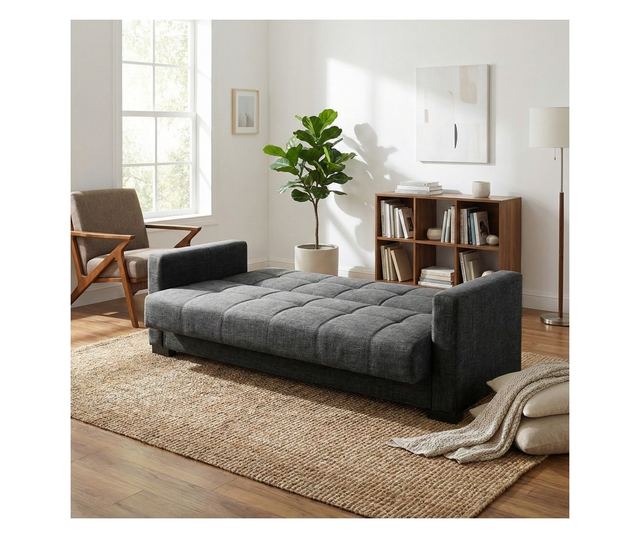 Canapea extensibilă Marbella, 3 locuri, material textil bej cu dungi gri, cu ladă depozitare şi arcuri, 210*78*78