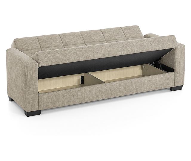 Canapea extensibilă Marbella, 3 locuri, material textil gri deschis, cu ladă depozitare şi arcuri, 210*78*78