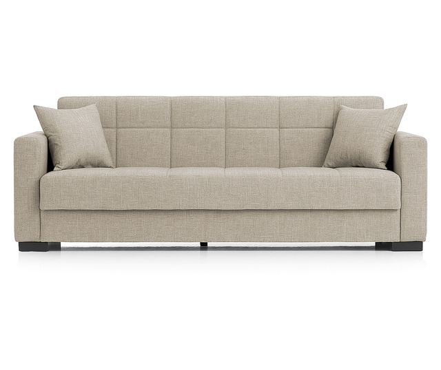 Canapea extensibilă Marbella, 3 locuri, material textil gri deschis, cu ladă depozitare şi arcuri, 210*78*78