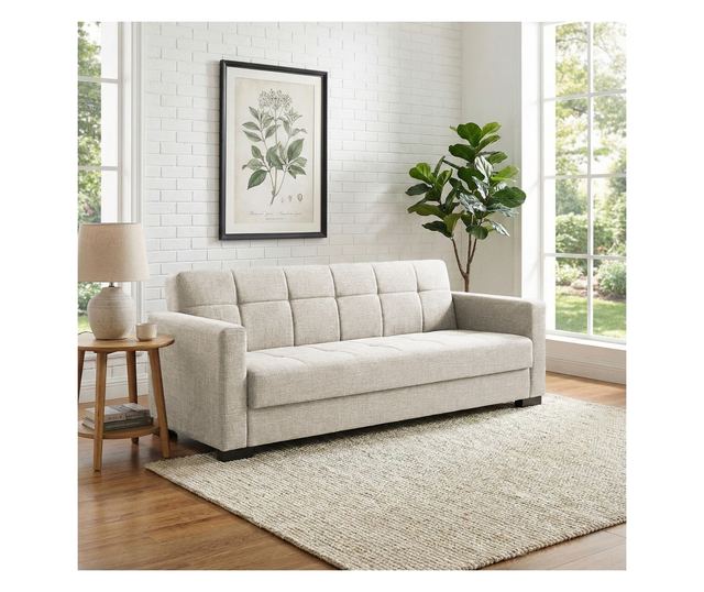 Canapea extensibilă Marbella, 3 locuri, material textil gri deschis, cu ladă depozitare şi arcuri, 210*78*78