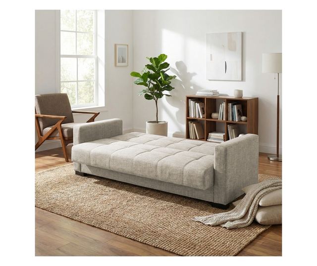 Canapea extensibilă Marbella, 3 locuri, material textil gri deschis, cu ladă depozitare şi arcuri, 210*78*78