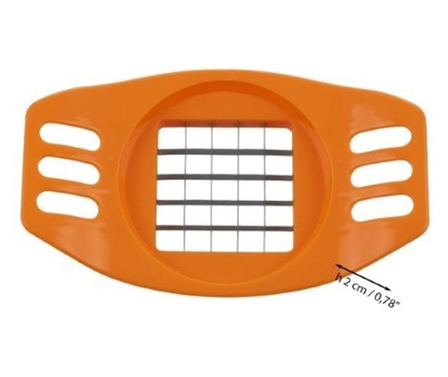 Kézi burgonyaszeletelő, műanyagból, rozsdamentes acél pengékkel, egyenletes vágáshoz, sütésre kész szeletekre, narancssárga