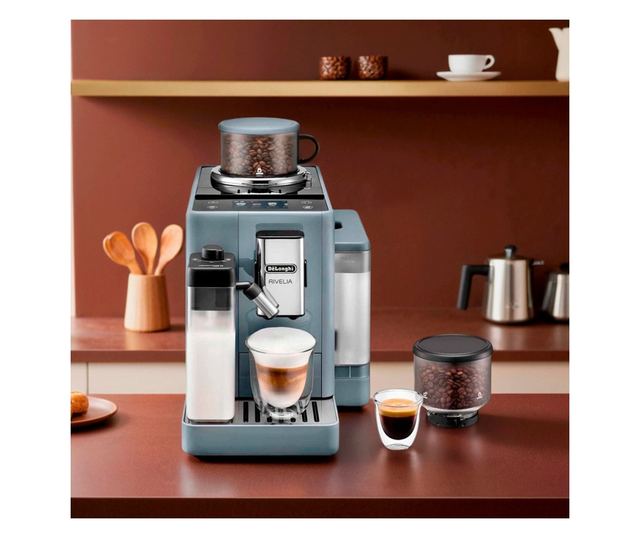 DeLonghi Rivelia Eszpresszógép, Kőris Szürke, 1450W, 19 bar, 1.4L, TFT Érintőképernyő, Twin Shot, Bean Adapt, 17 Ital