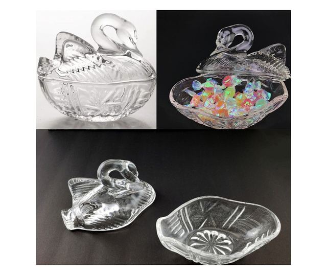 Bomboniera Eleganta Pufo din Sticla Transparenta, Forma Lebada, 13 cm – Accesoriu Decorativ pentru Dulciuri, Servire Festiva si