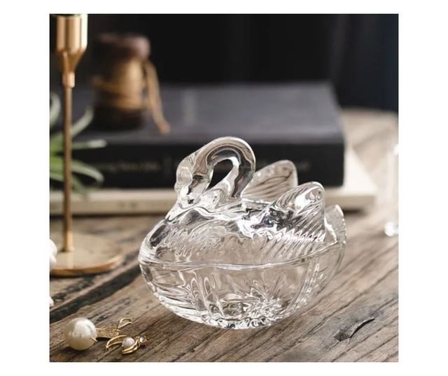 Bomboniera Eleganta Pufo din Sticla Transparenta, Forma Lebada, 13 cm – Accesoriu Decorativ pentru Dulciuri, Servire Festiva si