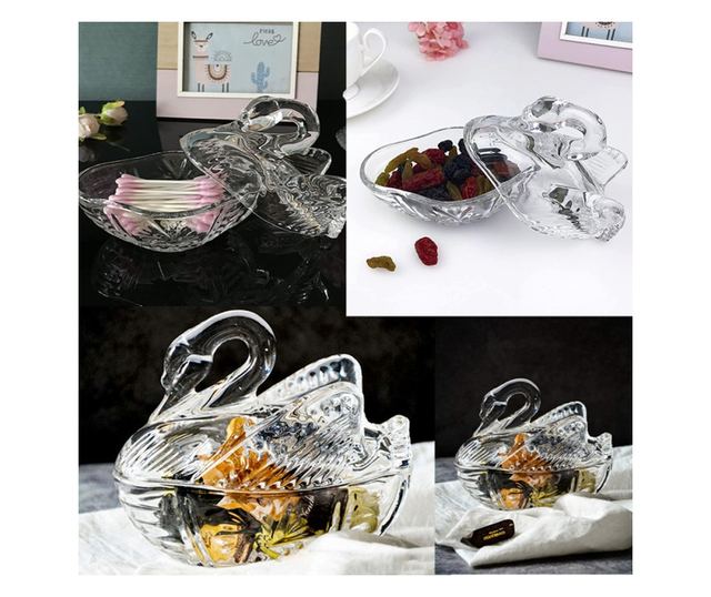 Bomboniera Eleganta Pufo din Sticla Transparenta, Forma Lebada, 13 cm – Accesoriu Decorativ pentru Dulciuri, Servire Festiva si