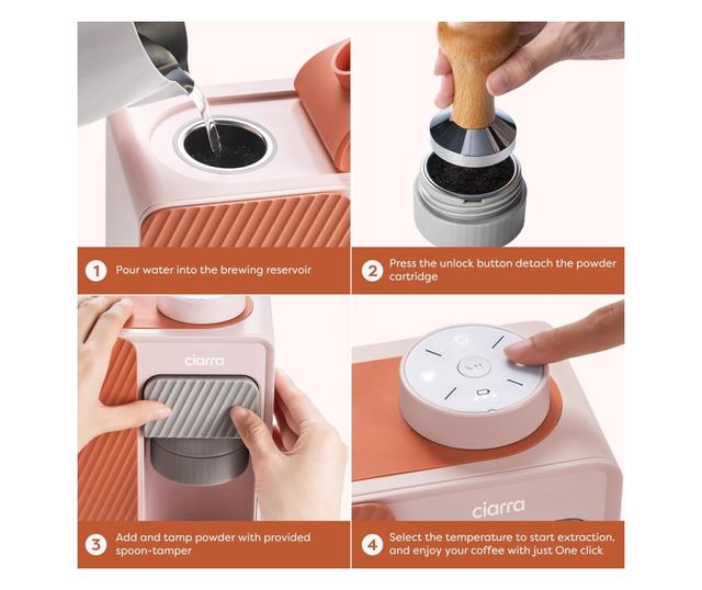 2 az 1-ben hordozható félautomata eszpresszógép, Ciarra, BloomBox, rózsaszín