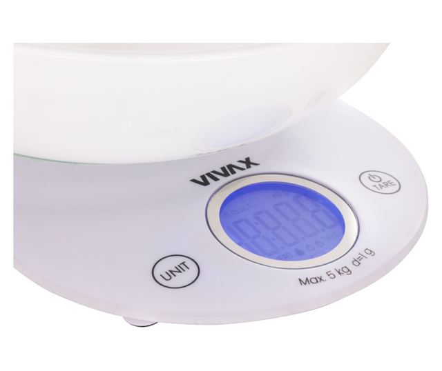 Vivax konyhai mérleg KS-505BW, digitális kijelző, 5 kg, üvegtál, fehér