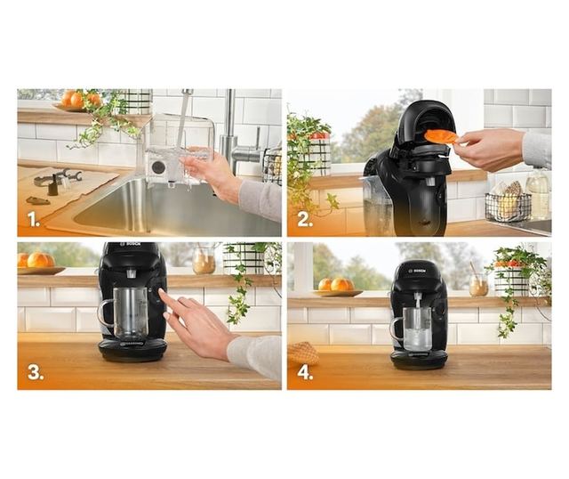 Bosch Tassimo Style TAS112E Kávéfőző, 1400W, 3,3 bar, 0,7l, Öntisztító és Vízkőmentesítő, Kapszulás, Fekete