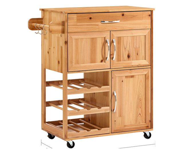 SoBuy tömörfa konyhaszekrény kerekekkel, fiókokkal és palacktartókkal, természet