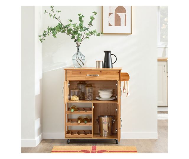 SoBuy tömörfa konyhaszekrény kerekekkel, fiókokkal és palacktartókkal, természet