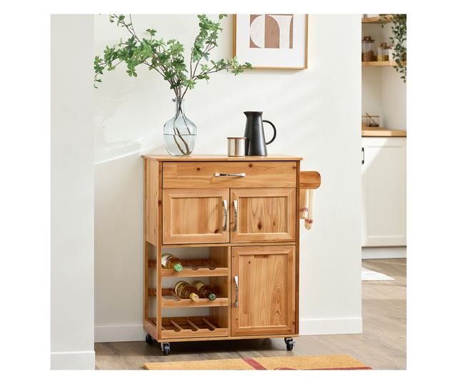 SoBuy tömörfa konyhaszekrény kerekekkel, fiókokkal és palacktartókkal, természet