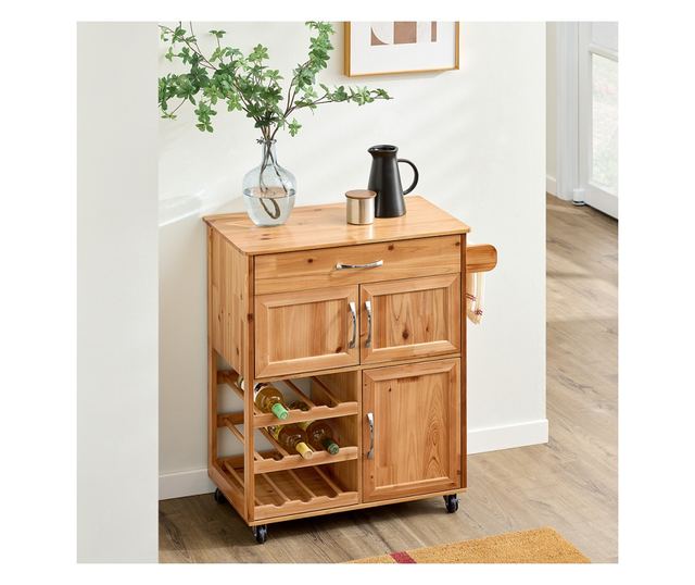 SoBuy tömörfa konyhaszekrény kerekekkel, fiókokkal és palacktartókkal, természet