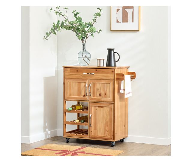 SoBuy tömörfa konyhaszekrény kerekekkel, fiókokkal és palacktartókkal, természet