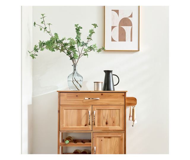 SoBuy tömörfa konyhaszekrény kerekekkel, fiókokkal és palacktartókkal, természet