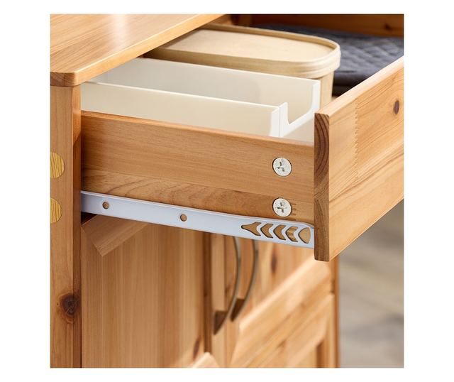 SoBuy tömörfa konyhaszekrény kerekekkel, fiókokkal és palacktartókkal, természet