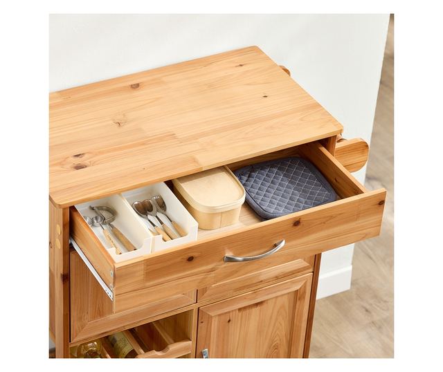 SoBuy tömörfa konyhaszekrény kerekekkel, fiókokkal és palacktartókkal, természet