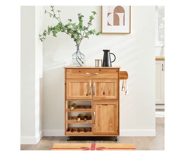 SoBuy tömörfa konyhaszekrény kerekekkel, fiókokkal és palacktartókkal, természet