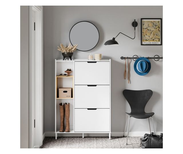 SoBuy bejárati szekrény, 3 ajtós, fehér-bambusz, könnyű összeszerelés