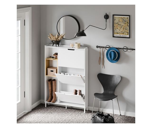 SoBuy bejárati szekrény, 3 ajtós, fehér-bambusz, könnyű összeszerelés