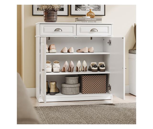 SoBuy fehér cipősszekrény 2 ajtóval és 2 fiókkal, 74 kg teherbírással