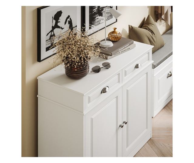 SoBuy fehér cipősszekrény 2 ajtóval és 2 fiókkal, 74 kg teherbírással