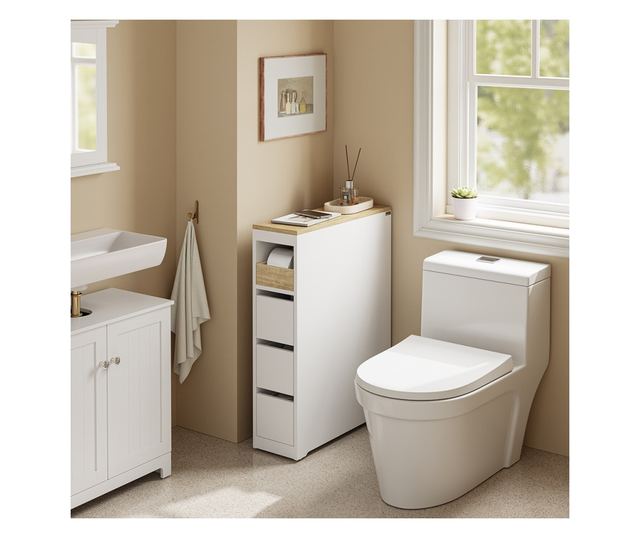 SoBuy helytakarékos fehér fürdőszobaszekrény 4 kerekkel, 3 fiókkal és polccal, 4