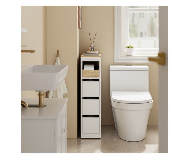 SoBuy helytakarékos fehér fürdőszobaszekrény 4 kerekkel, 3 fiókkal és polccal, 4