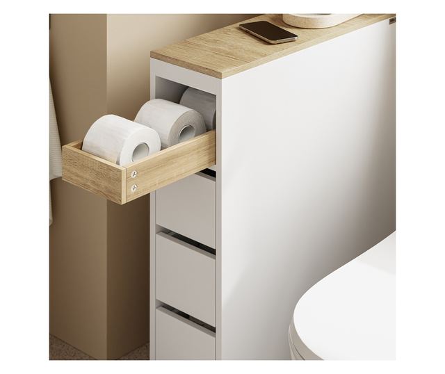 SoBuy helytakarékos fehér fürdőszobaszekrény 4 kerekkel, 3 fiókkal és polccal, 4