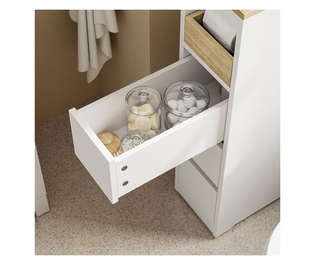 SoBuy helytakarékos fehér fürdőszobaszekrény 4 kerekkel, 3 fiókkal és polccal, 4