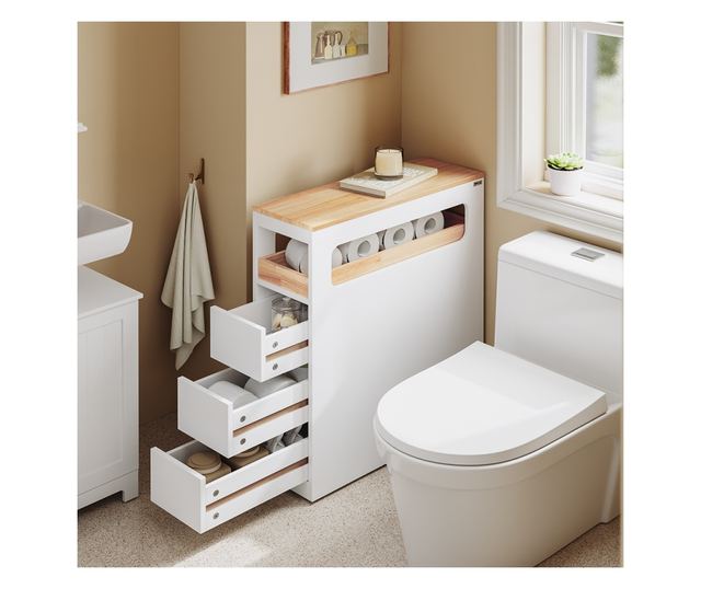 SoBuy fürdőszobaszekrény 3 fiókkal és polccal, fehér, 4 kerekű