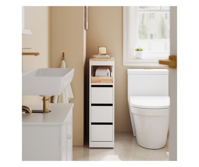 SoBuy fürdőszobaszekrény 3 fiókkal és polccal, fehér, 4 kerekű