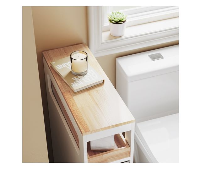 SoBuy fürdőszobaszekrény 3 fiókkal és polccal, fehér, 4 kerekű