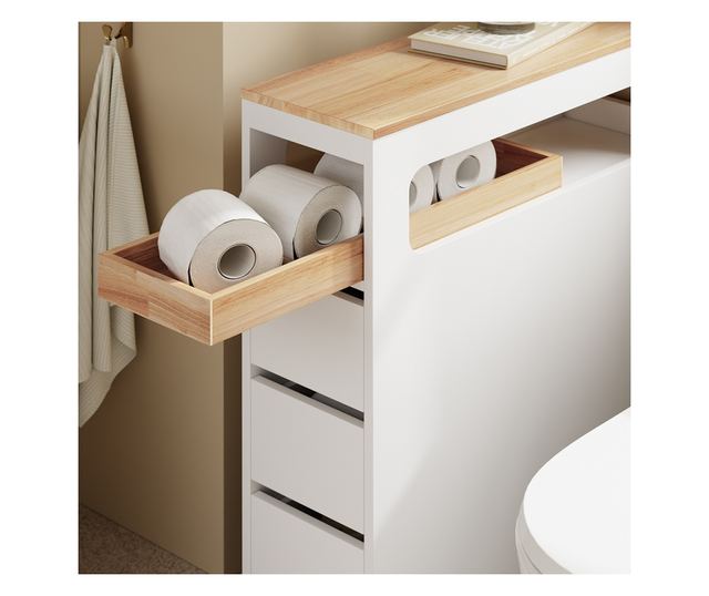 SoBuy fürdőszobaszekrény 3 fiókkal és polccal, fehér, 4 kerekű