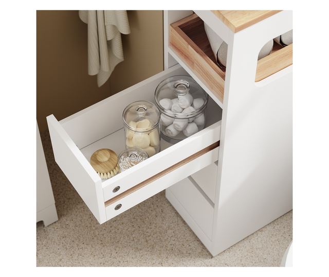 SoBuy fürdőszobaszekrény 3 fiókkal és polccal, fehér, 4 kerekű