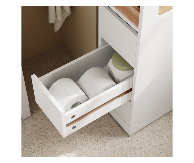 SoBuy fürdőszobaszekrény 3 fiókkal és polccal, fehér, 4 kerekű