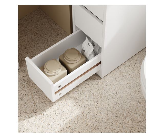 SoBuy fürdőszobaszekrény 3 fiókkal és polccal, fehér, 4 kerekű