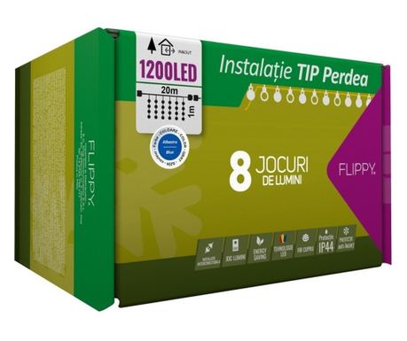 Božićna svjetla za zavjese, vodootporna, 20m x 1m, 1200 plavih LED dioda, 8 svjetlosnih efekata, prozirna žica