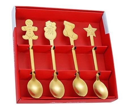 Set 4 žlic, božična tematika, nerjaveče jeklo, 4 praznični zlati dizajni