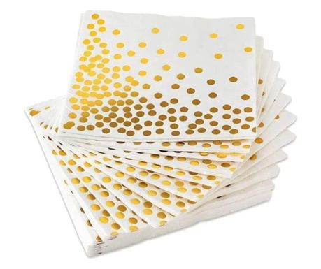 Комплект от 20 хартиени салфетки с златисти точки, 17 x 17 см, бели
