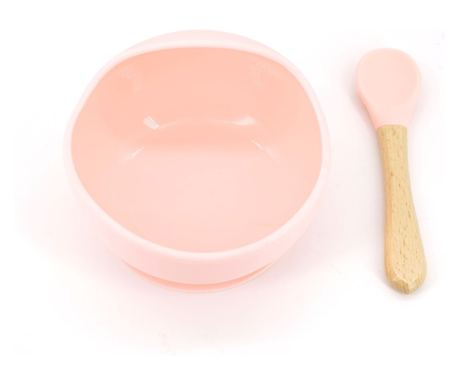 2-piece set for babies and children, silicone bowl with suction cup, wooden spoon and silicone