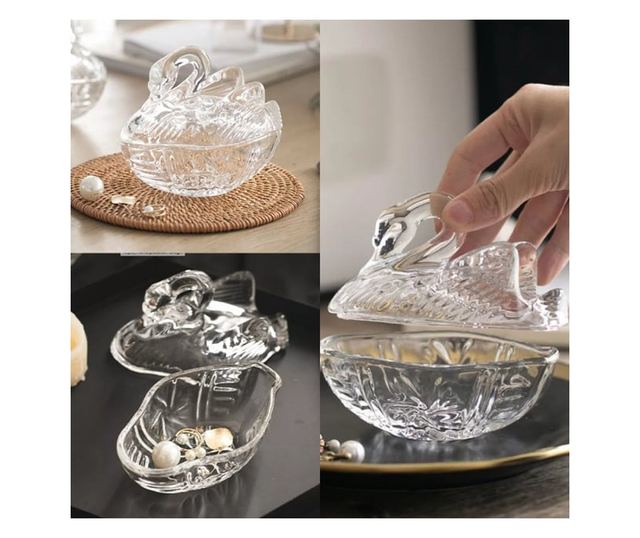 Bomboniera Eleganta Pufo din Sticla Transparenta, Forma Lebada, 13 cm – Accesoriu Decorativ pentru Dulciuri, Servire Festiva si