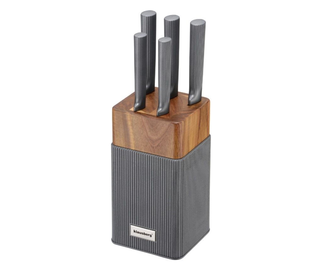 Klausberg KB 7982 késkészlet, 6 darabos, rozsdamentes acél, akácfa állvány, grafit/barna